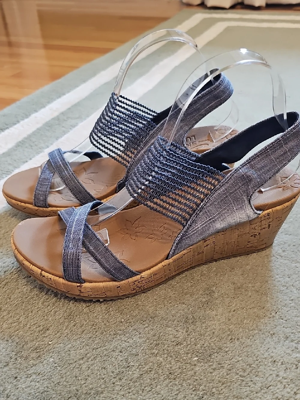 Skechers Denim Blue Cork Wedge Slingback Sandals